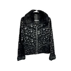 Apres Ski Jacket Coat Black Faux Leather Fur Trim Animal Print Western Rodeo S